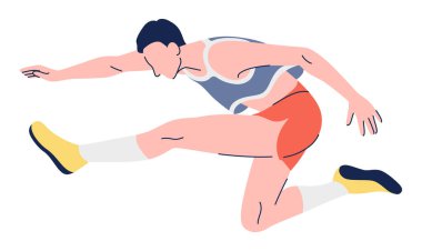 Profesyonel sporcu dinamik duruşuyla bariyerin üzerinden atlıyor. Erkek engelli karakter eğitimi uzun atlama tekniği. Atletizm sporları olimpiyat yarışması. Vektör illüstrasyonu.
