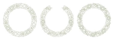 Yaban çiçeği, tarla bitkisi, lale, papatya, kondom desenli minimalist sanat çiçekleri. Botanik yuvarlak çember, yapraklar ve böğürtlenlerle sınırda toplanır. Vektör illüstrasyonu