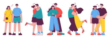 Romantik çiftler kucaklaşır, öpüşür, el ele tutuşur ve birlikte dururlar. İnsanlar birbirlerini seviyorlar. Mutluluk gösteriyorlar. Sevgililer Günü kutlaması için sevgili ve sevgililerin moda sahneleri. Vektör illüstrasyonu.