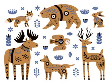 Halk süsüsüyle bir grup vahşi hayvan. İskandinav ayısı, geyik, geyik, tilki, tavşan, baykuş ve kurt. Etnik çiçek desenli. Kuzeyli orman botanik elementleri koleksiyonu. Vektör illüstrasyonu