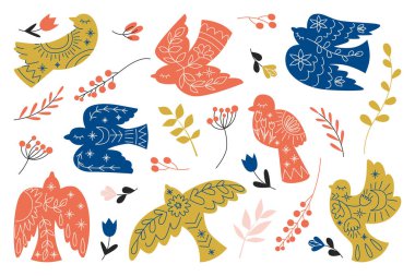 Süslü, güzel kokulu kuşlardan oluşan bir grup. İskandinav güvercinleri ve kırlangıçlar etnik çiçeklerle süslenmiş ve soyut desenlerle süslenmiş. Dallar, böğürtlenler ve yapraklardan oluşan botanik koleksiyonu. Vektör illüstrasyonu