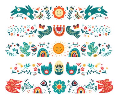 Paskalya hayvanları ve çiçek açan çiçeklerle İskandinav halk yatay sınırları. Gülümseyen güneş, gökkuşağı, tavuk, İskandinav kuşu ve kelebek içeren etnik süsler koleksiyonu. Vektör illüstrasyonu.