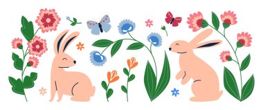 Renkli çiçekleri, bitkileri ve kelebekleri olan çizgi film tavşan karakterleri. Tavşanlı ve bahar bahçesi elementli halk çiçekleri. Tatil dekorasyonu için minimalist el çizimi sahnesi. Vektör illüstrasyonu.