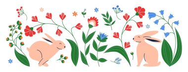 Renkli çiçekleri ve bitkileri olan çizgi film tavşan karakterlerinin olduğu Paskalya sahnesi. Tavşancıklı ve bahar bahçesi elementli halk çiçekleri. Minimalist el çizimi tatil dekoru. Vektör illüstrasyonu.