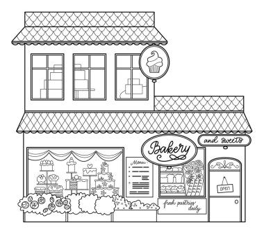 Şehir caddesinde el çizimi sanat fırını ön cephesi. Pasta, ekmek, pasta ve karalama çizgisi tarzında menü önü. Boyama kitabı için dükkanın dış görünüşü. Vektör illüstrasyonu.