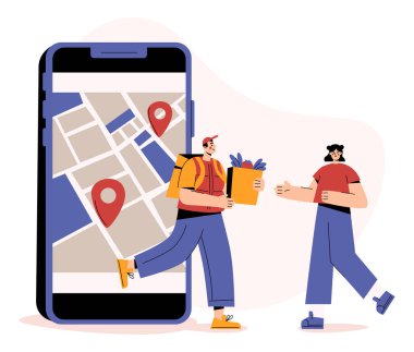 Çevrimiçi yemek servisi konsepti. Kurye, akıllı telefondan alışveriş poşetiyle müşteriye yürür. Şehir haritasındaki konum lobutlarıyla mobil alışveriş uygulaması arayüzü. Vektör illüstrasyonu.