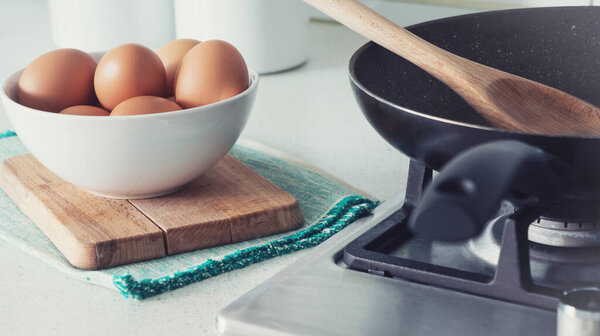 Eggs with frying pan breakfast mornig