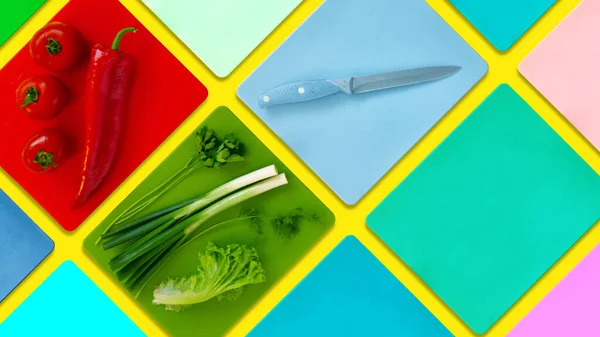 Yeşil sebzeli, taze domatesli, kırmızı dolma biberli, renkli, minimalist yemek fotokopisi uzay mutfağının maketi.