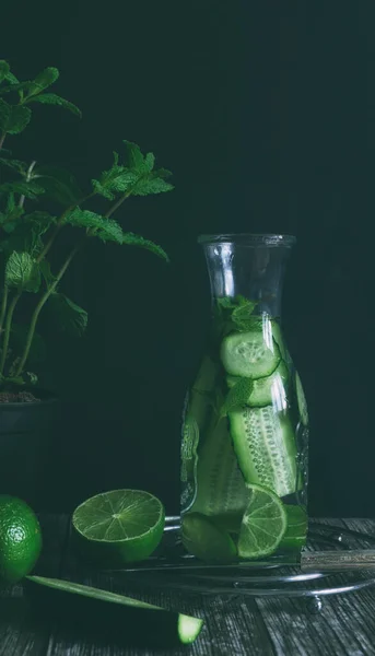 Az miktarda ev yapımı detoks, salatalık, limon ve taze nane şekeri karışımı.