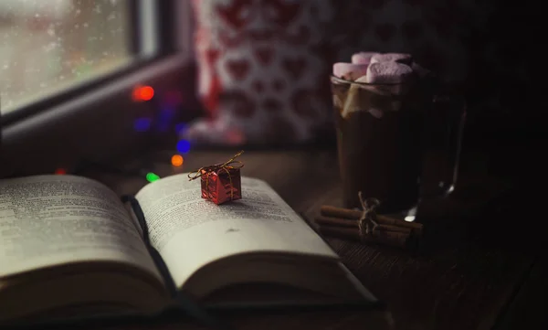 Nahaufnahme Von Miniatur Weihnachtsgeschenkschachtel Auf Geöffnetem Buch Mit Weihnachtsbeleuchtung Hintergrund — Stockfoto