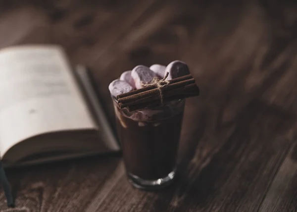 Koud Winterseizoen Kopje Warme Chocolademelk Marshmallows Met Kaneelstokjes Anijs Anason — Stockfoto