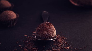 Siyah arka plan üzerinde kakao tozu olan Belçika mantarlarını kapatın.