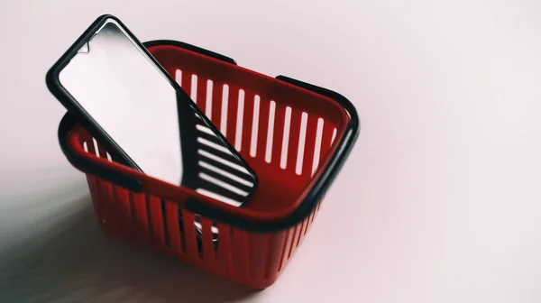 Smartphone Red Shopping Basket Online Store Shopping Concept Commerce — Photo