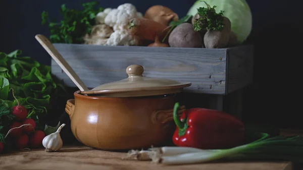 Clay Cooking Pot Next Fresh Vegetable Vegetarian Home Cooking Healthy — Foto de Stock