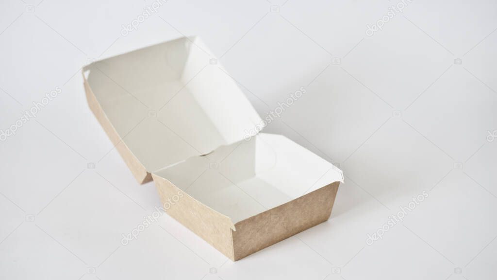 Opened empty blank cardboard food container. Hamburger sandwich box fast food delivery takeaway mockup template