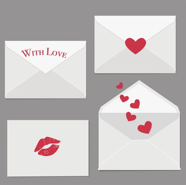 Set White Envelopes Kisses Hearts — Stock Vector