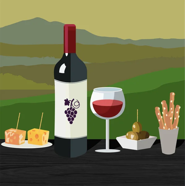 赤ワイン 赤ワインと軽食のボトル チーズ オリーブ イタリアのグリッシーノの異なる種類 — ストックベクタ