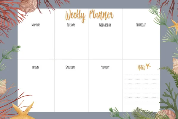 Sea life weekly planner template with colorful fish, seaweed and corals. Organizer and Schedule.