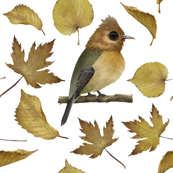 Natural seamless pattern with autumn fallen leaves and tiny Tufted Flycatcher on white background. Seamless background with orange maple leaves in vintage style. Great for backgrounds, fabric, paper etc.