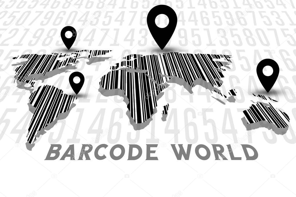 Bar code world map background design in black and white colors with map pins and a dimensional look. Used as abstract art sticker for barcode concepts like tracking, scanning, security and encryption.