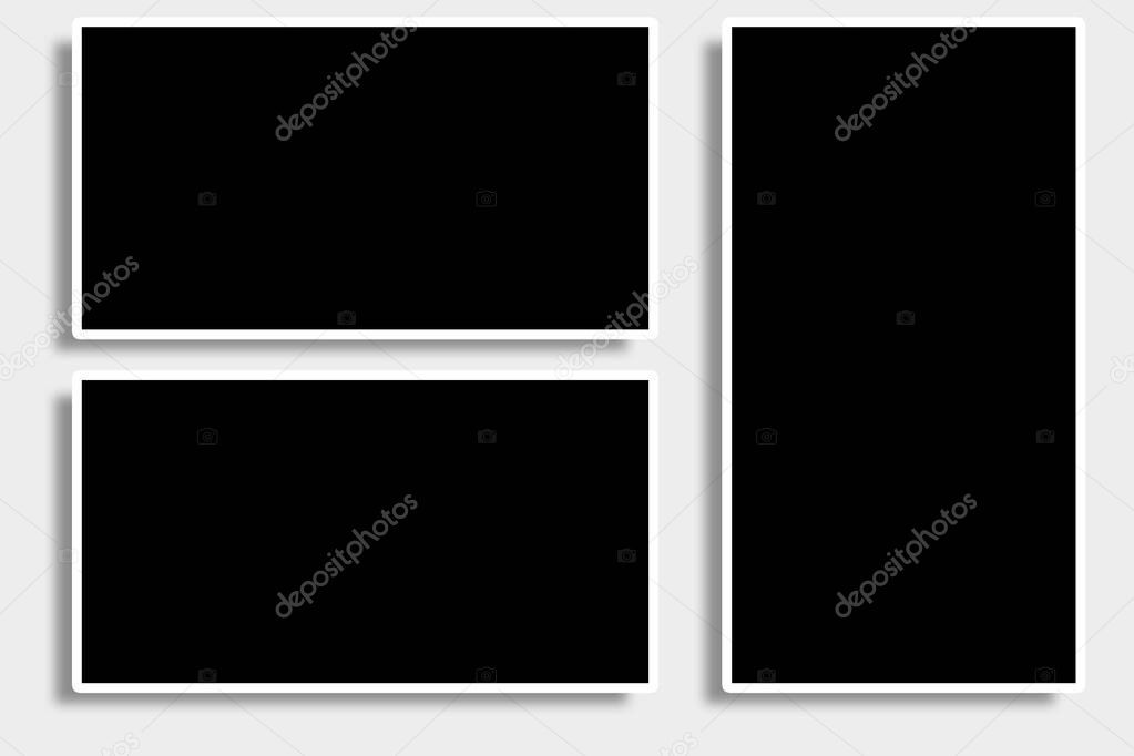 3 Rectangle photo frames in black and white colors, clean rectangular borders, horizontal and vertical layout, old classic photos style. Used as a collage template to place pictures or photographs.
