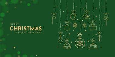 Altın Noel elemanları simge çizgisi sanat dekorasyonu ve bokeh efektiyle yeşil mutlu noeller arkaplanı