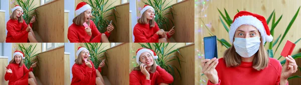 Shopping Online Natale Una Donna Felice Con Cappello Rosso Babbo — Foto Stock