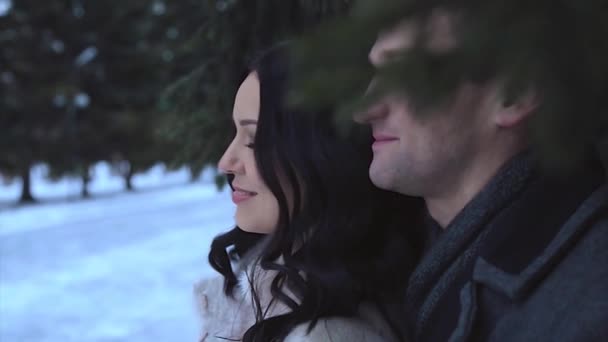 愛の抱擁のカップル 男と女が互いの目を見る バレンタインデーの花嫁と新郎のキス 2月14日 — ストック動画