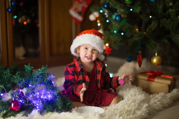 Child Red Clothes Sitting Waiting New Year Concept Celebrating Christmas — Stock Photo, Image