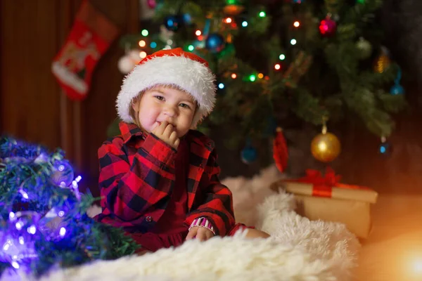 Child Red Clothes Sitting Waiting New Year Concept Celebrating Christmas — Stock Photo, Image