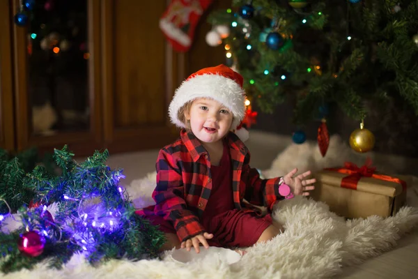 Child Red Clothes Sitting Waiting New Year Concept Celebrating Christmas — Stock Photo, Image