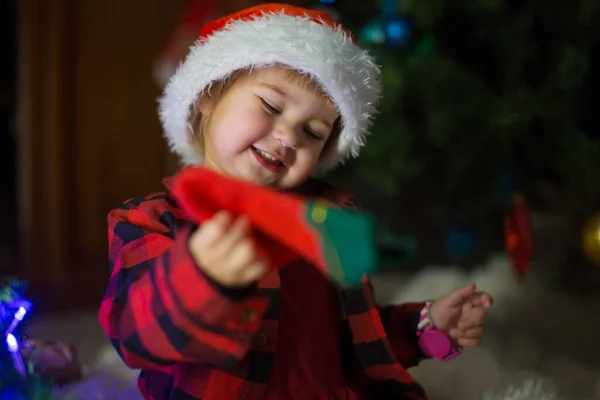 Child Red Clothes Sitting Waiting New Year Concept Celebrating Christmas — Stock Photo, Image