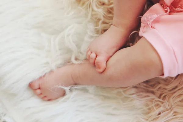Baby Feet Fingers Close Newborn Baby Legs Massage Concept Childhood — Stock Photo, Image