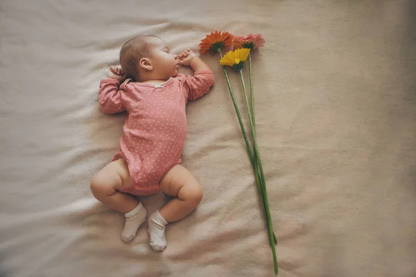 眠っている新生児の肖像画です 子宮の中の赤ん坊の模倣 装飾品やインテリアとしての花 3月8日 — ストック写真