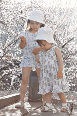 Mutlu bir çocuk beyaz çiçeklerin arasında yürür. Aşk, güneş ve bahar çiçekleri. Panama şapkalı ve elbiseli bir kız.