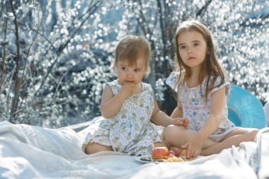 Piknikteki mutlu kızlar. Aşk ve bahar çiçek açıyor..