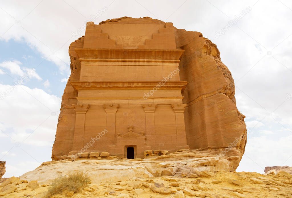 Tomb of Lihyan son of Kuza, known as Qasr Al Farid, the most iconic tomb in Al Ula in the region of Madain Saleh, Saudi Arabia