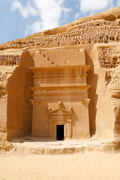 Jabal Al Banat, one of the largest clusters of tombs in Hegra with 29 tombs that have skillfully carved facades on all sides of the sandstone rock, Al Ula, Saudi Arabia