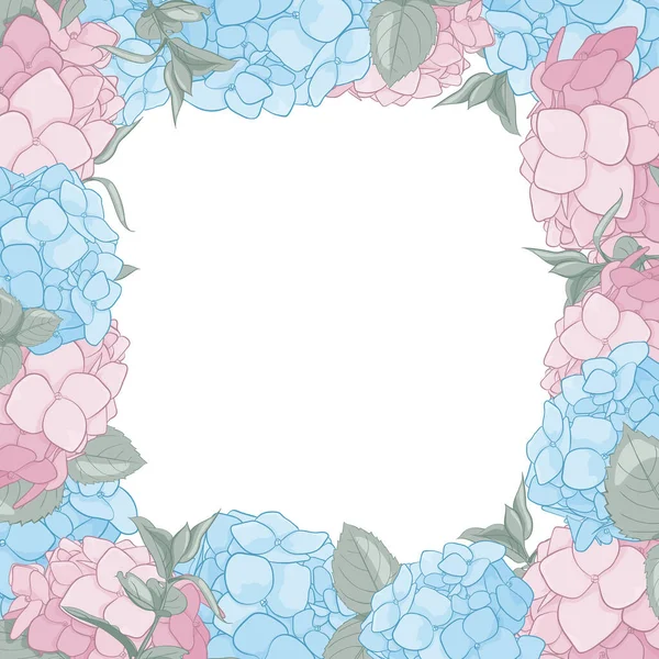 Ein Quadratischer Rahmen Aus Blauen Und Rosa Hartensia Büschen Pastell — Stockvektor