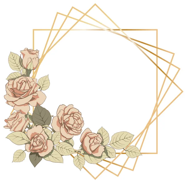 Decoração floral com moldura dourada. Quadro de rosas e folhas para o design de convites, cartões, papel, livros, sites, decoração, design, etc. — Vetor de Stock