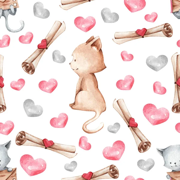 儿童服装和毛毯的设计模式。一个可爱的猫和心脏的例子，适合装饰情人节礼物 — 图库照片