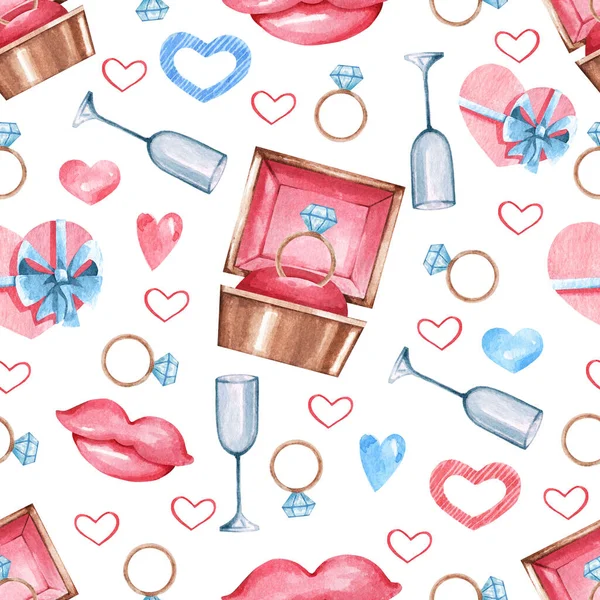 Fondo sin costuras con anillo de bodas, corazones rosados y azules, gafas de acuarela para decorar regalos, telas, textiles, ropa para el Día de San Valentín — Foto de Stock