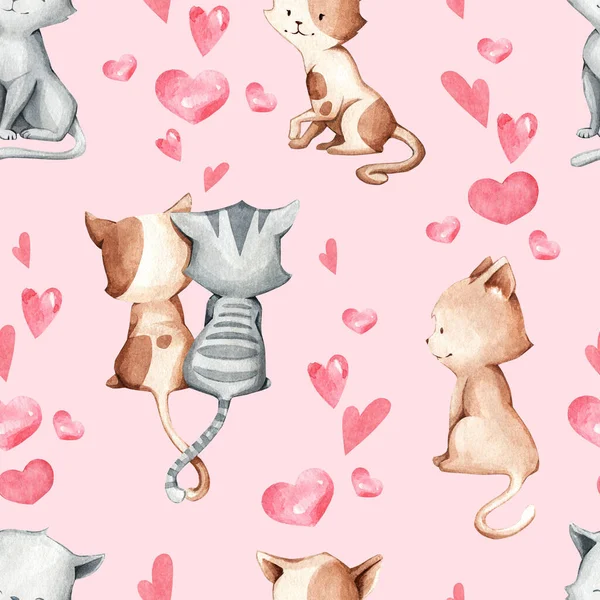 无缝隙图案 米色和灰色的小猫 粉色的心脏 浅粉色背景 水色风格 印刷品 纺织品 包装纸等的漂亮背景 — 图库照片