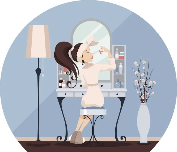 Woman sitting at the dressing table and using makeup. Vector illustration in flat cartoon style