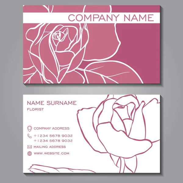 Business Card Template Floral Pattern Lilac Background Line Art Roses — Stock Vector