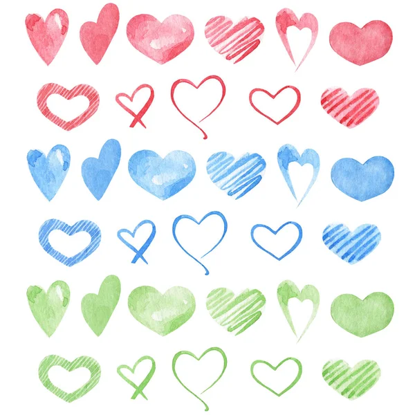 Geïsoleerd Witte Achtergrond Roze Blauw Groene Harten Set Aquarelhartjes Voor — Stockfoto