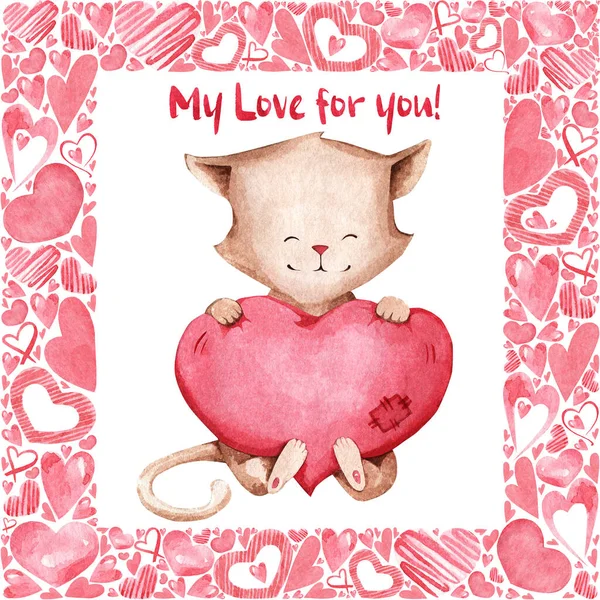 用一只可爱的猫和粉色的心脏来说明情人节 适用于明信片 邀请函 浪漫节日礼物 — 图库照片