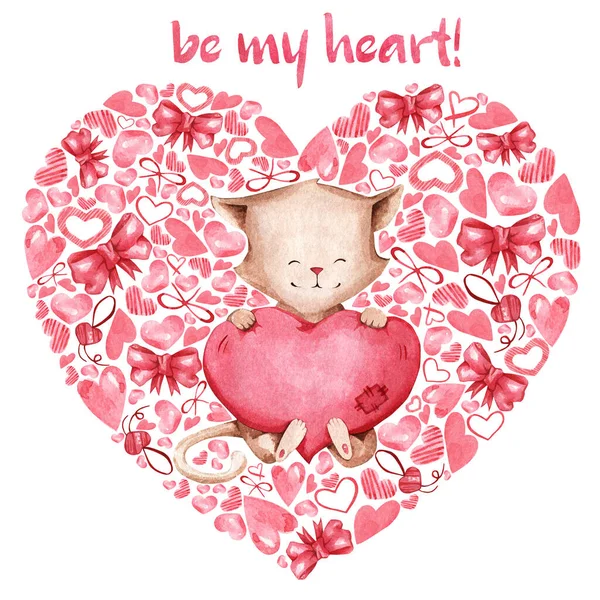 心形水彩画与可爱的猫和粉红的心脏情人节 适用于明信片 邀请函 浪漫节日礼物 — 图库照片