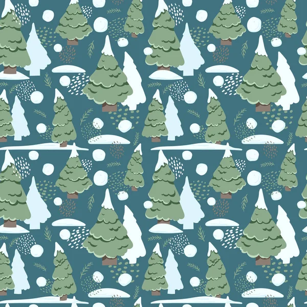 Pattern with fir trees in the snow on a blue background. Cute illustration for the decor of childrens books, postcards, textiles, fabrics, clothes, etc — Stock Photo, Image
