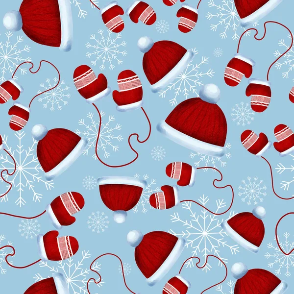 Цифровой зимний фон с варежками и шляпами. теплые зимние вещи с мехом на мягком голубом фоне со снежинками — стоковое фото